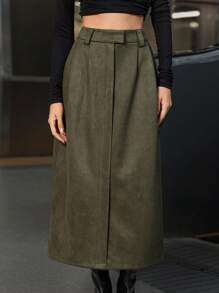 GENKIRA Váy dài vừa phải xếp ly giả cao cấp phong cách Âu Mỹ thanh lịch dành cho nữ - Màu xanh Ô liu - Xem 2