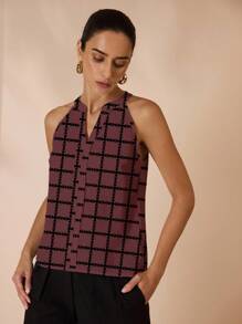 Shutterstock Glamance Lässige, locker sitzende Bluse mit Off-Shoulder Ausschnitt für Damen, geeignet für den täglichen Gebrauch, kariertes Damen-Oberteil, bedrucktes Oberteil, ärmelloses Oberteil, V-Ausschnitt-Oberteil