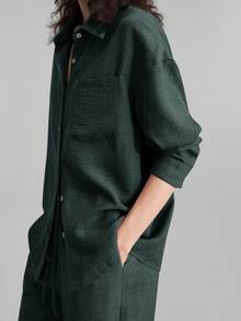 Ontre 2026春夏新款女士两件套，日常休闲家居服，海滩度假长裤+长袖衬衫套装，早午餐套装，音乐节套装，优雅女士两件套夏季套装，商务休闲女士套装 - 墨綠色 - 查看 2