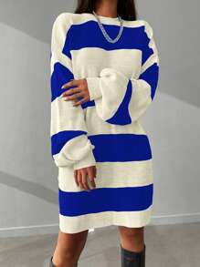 Cloudara Two Tone Drop Shoulder Sweater Dress - Blue - View 4