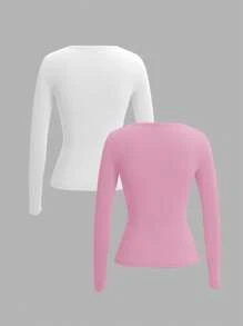 SHEIN EZwear 2件組女款針織長袖T恤，粉色與白色，適合秋冬季節上衣 - 彩色 - 查看 2