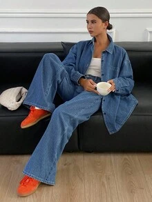 Livesso 秋冬新款宽松休闲纯色复古设计女式牛仔两件套 - 藍色 - 查看 6