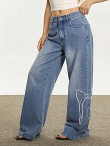 Rina Fox 女士休闲日常水洗蝴蝶结牛仔裤 - 淺色水洗藍 - 查看 4