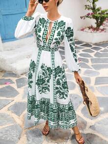 女士休闲度假长袖束腰连衣裙 - 彩色 - 查看 4