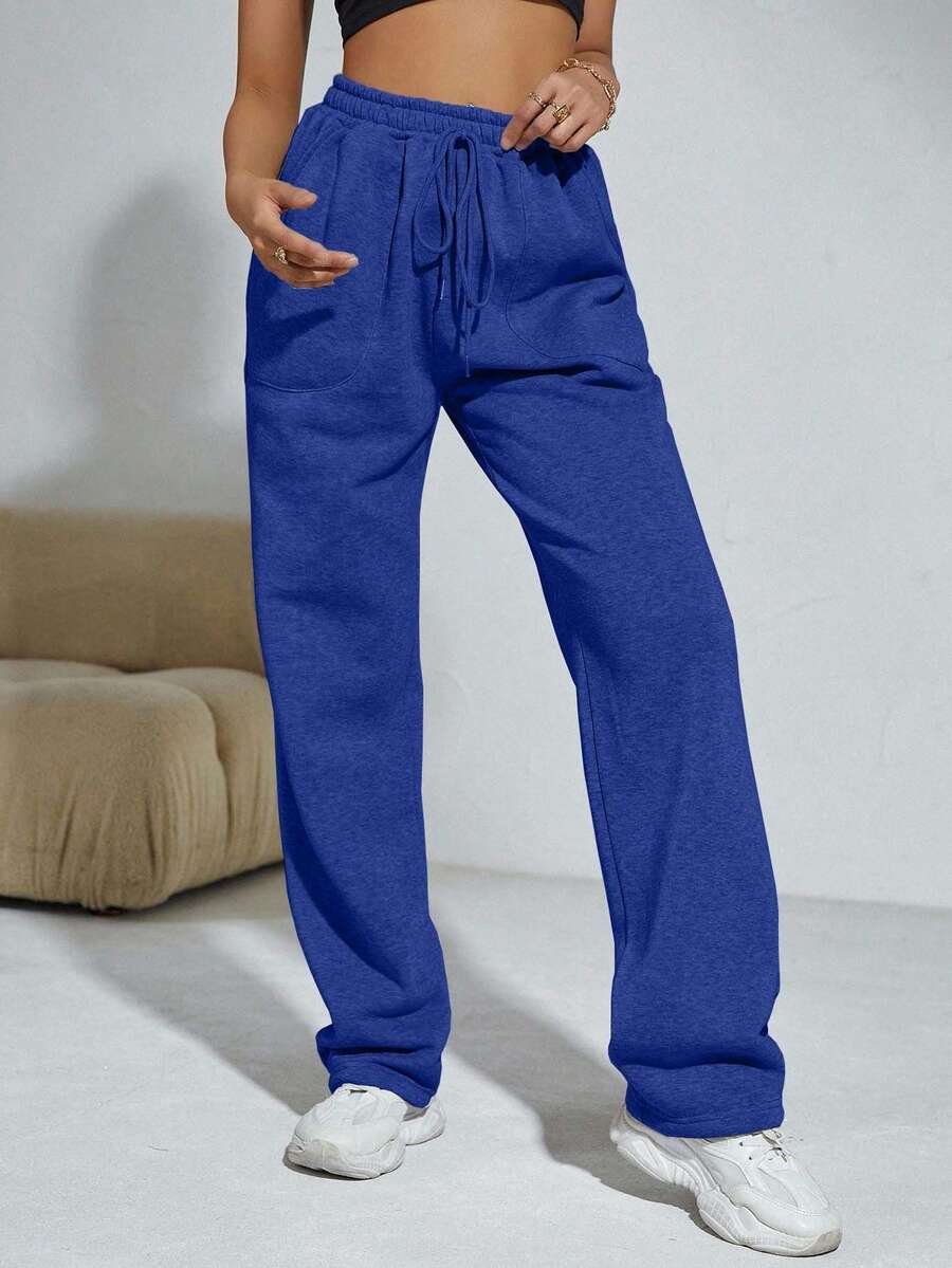SHEIN Cottnline Women's Solid Color Drawstring Waist Pockets Straight Loose Casual Sweatpants - Royal Blue - View 1