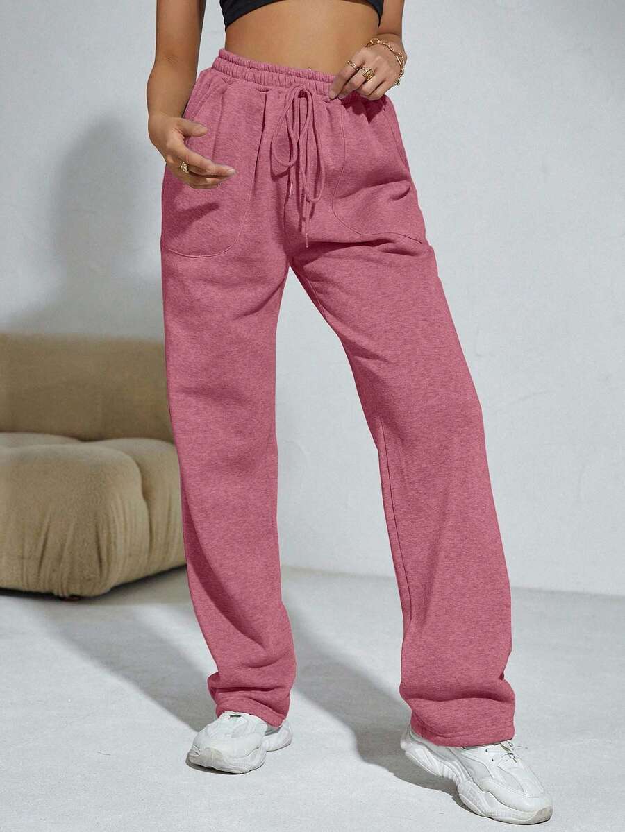 SHEIN Cottnline بنطلون رياضي نسائي بسحاب وبخصر مرن بلون أحادي للاستخدام اليومي - وردي مغبر - مشاهدة 1