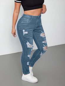 EURMUSE Plus Size Medium Wash Blue High Stretch Skinny Distressed Sexy Denim Jeans - Blue - View 4