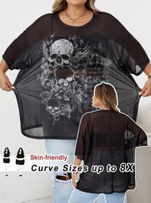 SHEIN CURVE+ 加大码夏季圆领短袖骷髅印花透明简约衬衫，适合女士休闲日常万圣节秋季服装、冬季、CURVE PLUS