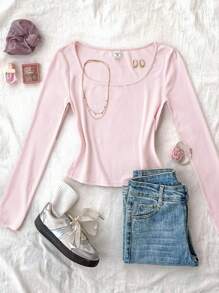 SHEIN Pink Scoop Neck Long Sleeve Cute T-Shirt For Teen Girls With Asymmetrical Hem Cute Tops Teen Girl Clothes Long Sleeve Tops Cute Clothes Girls Clothes Fall Winter - Pink - View 3