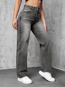 EURMUSE 纯色口袋休闲百搭直筒牛仔裤 - 淺灰色 - 查看 4