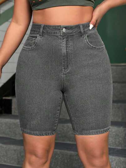 EURMUSE Plus Size Women High Waist Solid Color Casual Versatile Slim Fit Denim Shorts