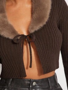 Radiana Cardigan feminino de malha curta com amarração na frente, cor sólida, gola de pele, manga comprida, suéter marrom com gola de pele, blusa marrom de manga comprida para outono/inverno