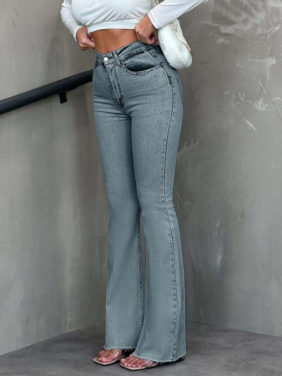 EURMUSE Casual Versatile Button Slim Flare Leg Women Jeans - Light Wash - View 1