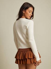 WESTFADE Mix Stitch Cable & Rib Knit Crewneck Button Front Cardigan Sweater Fall Autumn For Women Country Concert - Beige - View 5