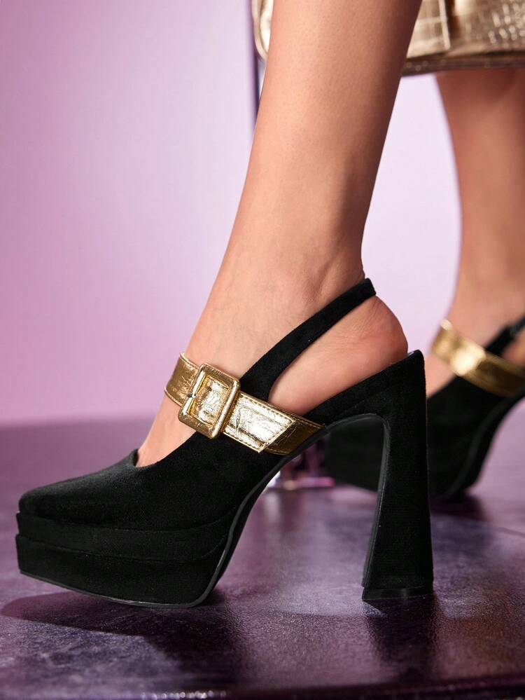 CUCCOO LuxiPop Pointed Toe Chunky Heel Strap Champagne High Platform Women's High Heel Pumps, Suitable For Outings, Back To School, Halloween, Christmas Party, Thick Bottom Shoes