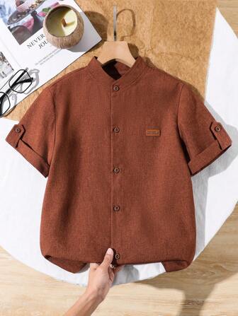 SHEIN 1pc Tween Boys' Stand Collar Gentleman Khaki Solid Color Casual Short Sleeve Shirt, Spring/Summer