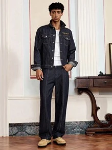 SWAVVY 男士刺绣长袖休闲牛仔夹克 - 深色水洗藍 - 查看 4