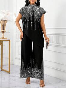 SHEIN Lady 2025 New Women's Elegant, Casual, Party, Commuting, Shiny, Mid-High-Neck, Asymmetrical, Loose-Fitting Short-Sleeved Top And Loose-Fitting Straight-Leg Trousers Two Pieces Set For Spring, Summer And Autumn Halloween  Chic Women's Dress  Party Dress