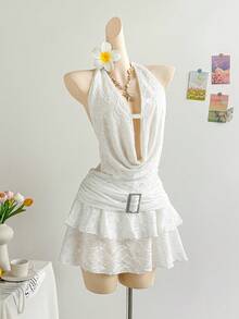 Soleia Spring & Summer Vacation Sexy Halter Draped Neck Backless Tie Strap Double-Layered Hem Metal Buckle Accent Women Mini Dress, Suitable For Music Festivals, Boho, Holidays, Dates, Cruises, Beach - White - View 3