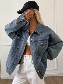 Livesso 女式宽松休闲翻领水洗牛仔夹克