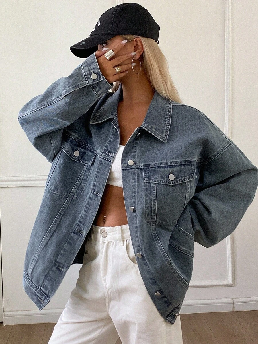 Livesso 女式宽松休闲翻领水洗牛仔夹克