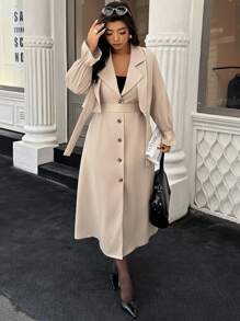 Easura Plus Size Casual Commuter Solid Color Front Button Sleeveless Jacket, 2 Pieces Set Fall Cloth For Women