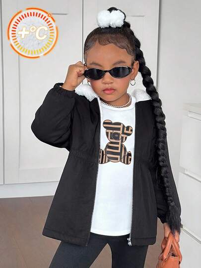 SHEIN Young Girl Solid Color Thermal Lined Hooded Casual Jacket,In Fall/Winter