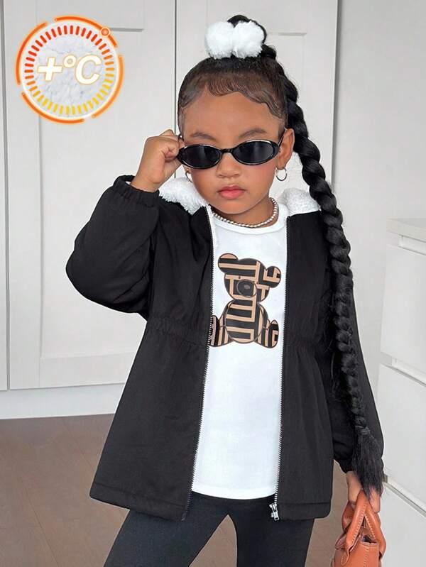 SHEIN Young Girl Solid Color Thermal Lined Hooded Casual Jacket,In Fall/Winter