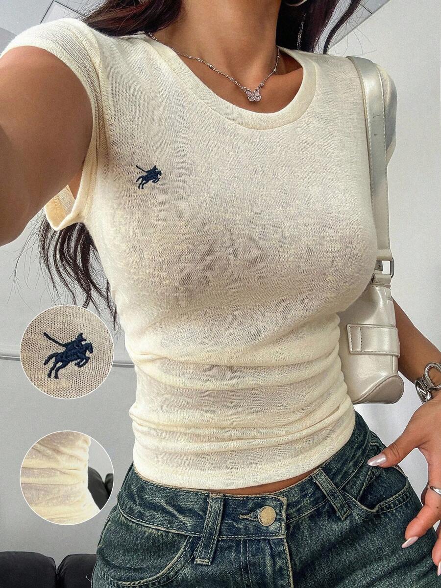 Chiquease 纯色圆领短袖优雅春夏女士上衣 - 杏色 - 查看 1