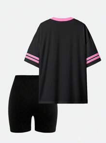 Conjunto de camiseta y pantalones cortos de ciclista con estampado gráfico de número 13 y eslogan, de moda casual para mujer - Multicolor 8 - Ver 2
