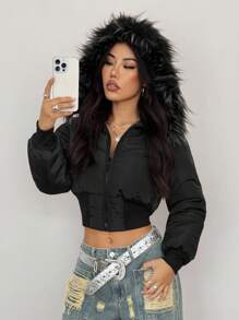 SHEIN PETITE 女士时尚百搭连帽短款夹克，冬季 - 黑色 - 查看 7