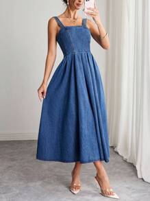 Elenzga Women's Solid Color Minimalist Everyday Sleeveless Washed Pleated Long Denim Dress ,Casual Elegant Lady