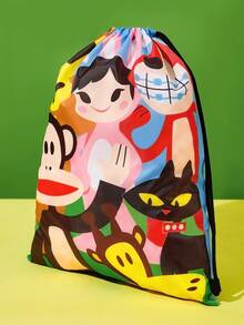 Paul Frank X SHEIN 1 حقيبة ظهر بسحاب كرتوني بطبعة قرد، قابلة للتعديل، حقيبة رياضية، حقيبة قماش، حقيبة كاجوال، حقيبة سفر، حقيبة شاطئ رياضية، مناسبة للجنسين