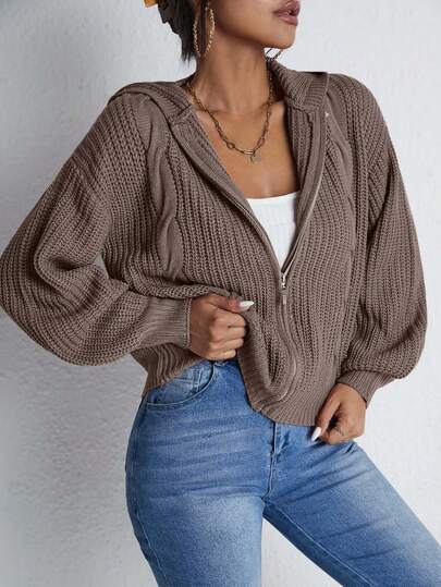 EURMUSE Cardigan de malha minimalista com zíper para uso diário, cor sólida, feminino