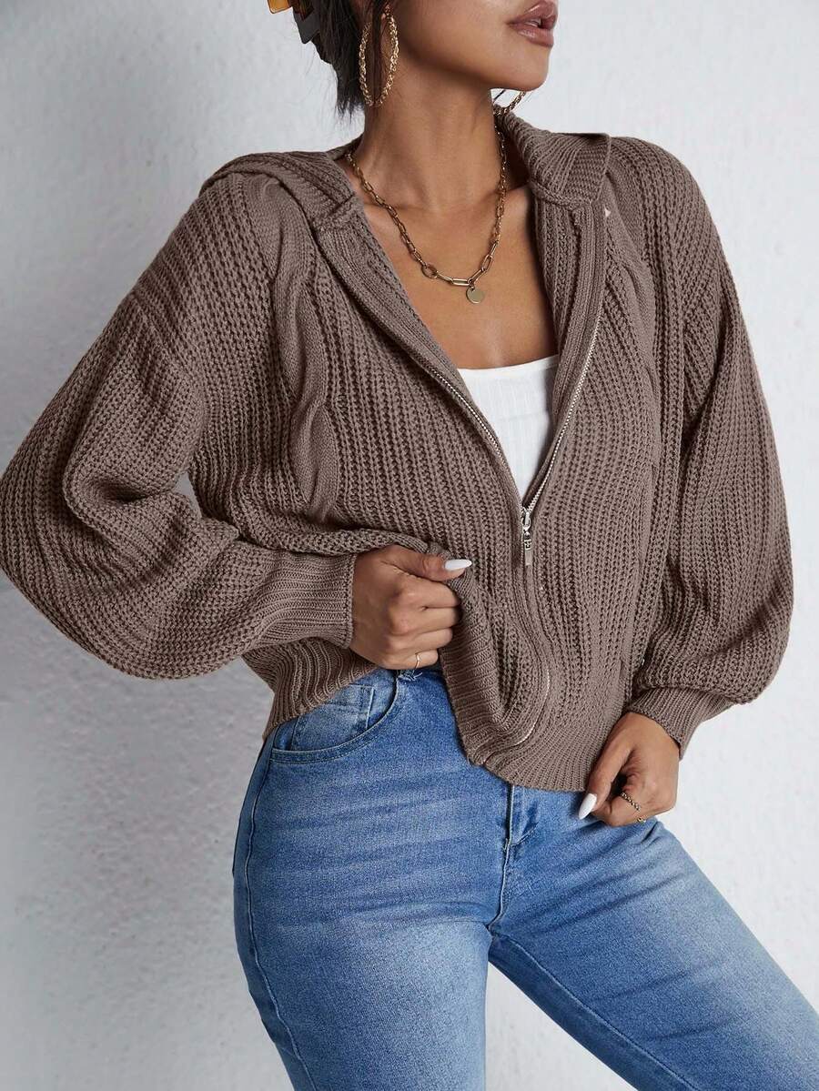 Cardigan a maglia con chiusura lampo, tinta unita, minimalista, adatto per uso quotidiano, da donna