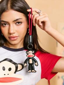 Paul Frank X SHEIN 1 件卡通人物 PU 皮革包饰、钥匙扣、吊坠 - 猴子设计，时尚，可装饰包包、衣服、卡包 - 黑色 - 查看 2