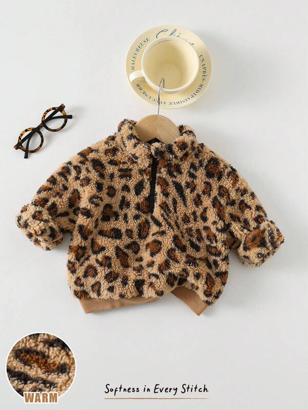 Cozy Pixies Baby Girl Leopard Print Fleece Lined Stand Collar Half-Zip Pullover Sweatshirt Leopard Print Baby Clothes Baby Girl Leopard Jacket Fall Winter