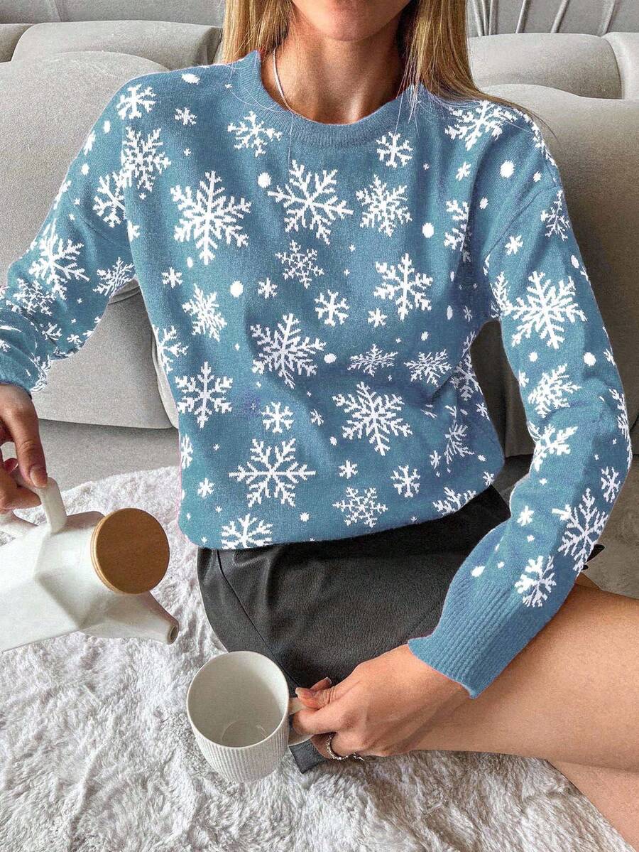 EURMUSE Women's Snowflake Pattern Round Neck Drop Shoulder Long Sleeve Casual Sweater - Baby Blue - View 1