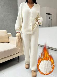 SHEIN Essnce 2pcs Women's Casual Solid Color Lantern Sleeve Cardigan And Pants Set, Autumn - White - View 1