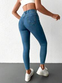 EURMUSE 98%Cotton High Waist Ripped Skinny Jeans - Blue - View 2