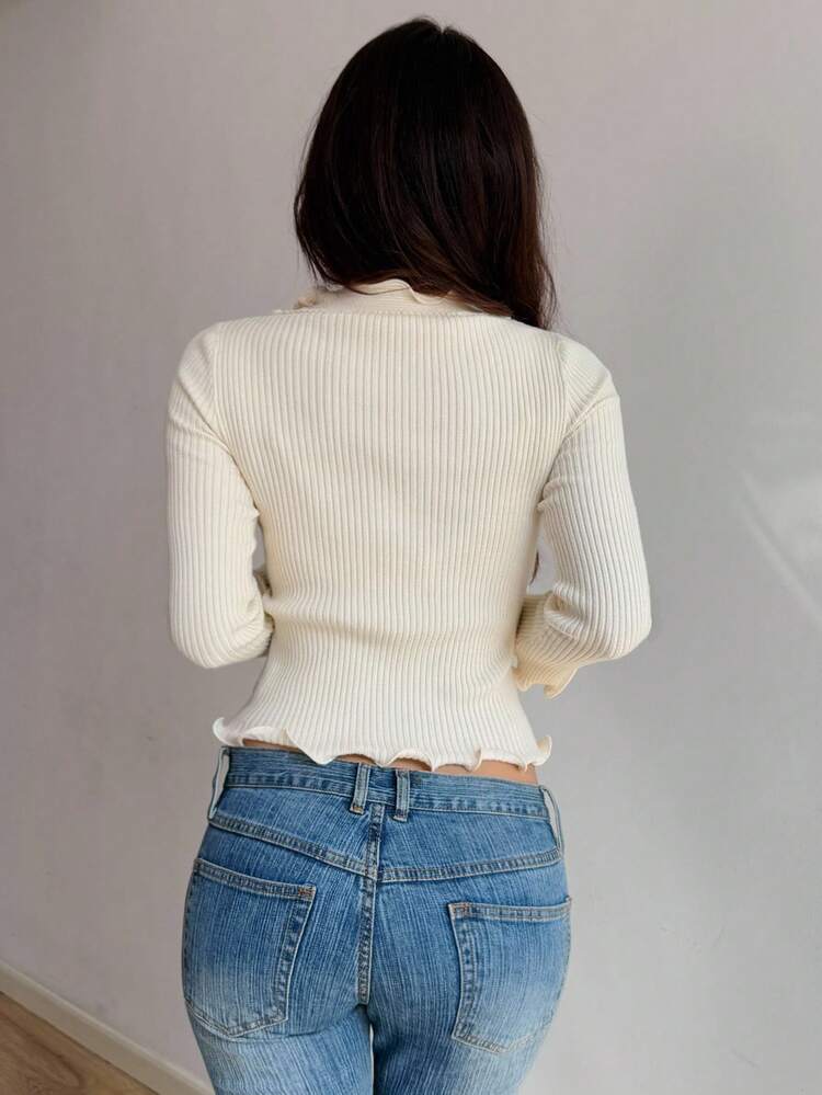 Sunnyshic 白色波浪荷叶边休闲修身女式针织上衣 - 米色 - 查看 2