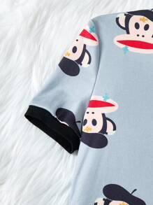 Paul Frank X SHEIN 青少年男孩卡通猴子印花圆领短袖上衣和松紧腰针织柔软弹力裤睡衣套装 - 淺灰色 - 查看 5