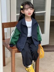 DAZY Young Girls Contrast Color Casual Street Style Long Sleeve Jacket - Army Green - View 7