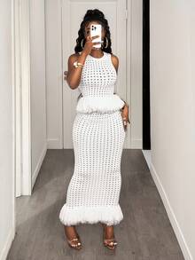 BamGleam Bộ váy hai mảnh dệt kim mùa xuân và thu dành cho nữ, kiểu dáng thời trang và gợi cảm, khoét lỗ, không tay, có tua rua, thích hợp cho tiệc tùng, màu trắng, trang phục mùa xuân và hè, kiểu áo chui đầu, ôm sát, trang phục mùa xuân cho nữ, quần áo mùa xuân và hè, váy dự tiệc. - trắng - Xem 6