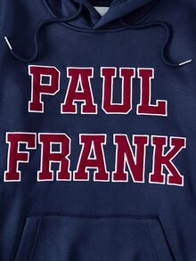 Paul Frank X SHEIN Men's Casual Letter Graphic Pocket Drawstring Hoodie , Fall - Navy Blue - View 5