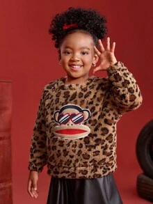 Paul Frank X SHEIN 年轻女孩休闲豹纹刺绣宽松落肩羊毛衫，棕色，秋冬 - 巧克力棕 - 查看 8