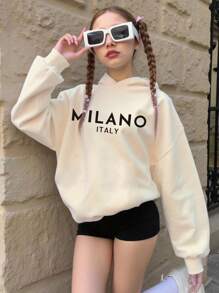 SHEIN Girls' Apricot Long Sleeve Hooded Sweatshirt, Casual Fashion Creative Simple Letter Slogan & Milano Print Pattern, Basic Round Neck Pullover Hoodie Teen Girl Hoodie Cute Hoodies Hoodies For Teens Cream Hoodie Cotton Hoodie Fall Winter - Khaki - View 1