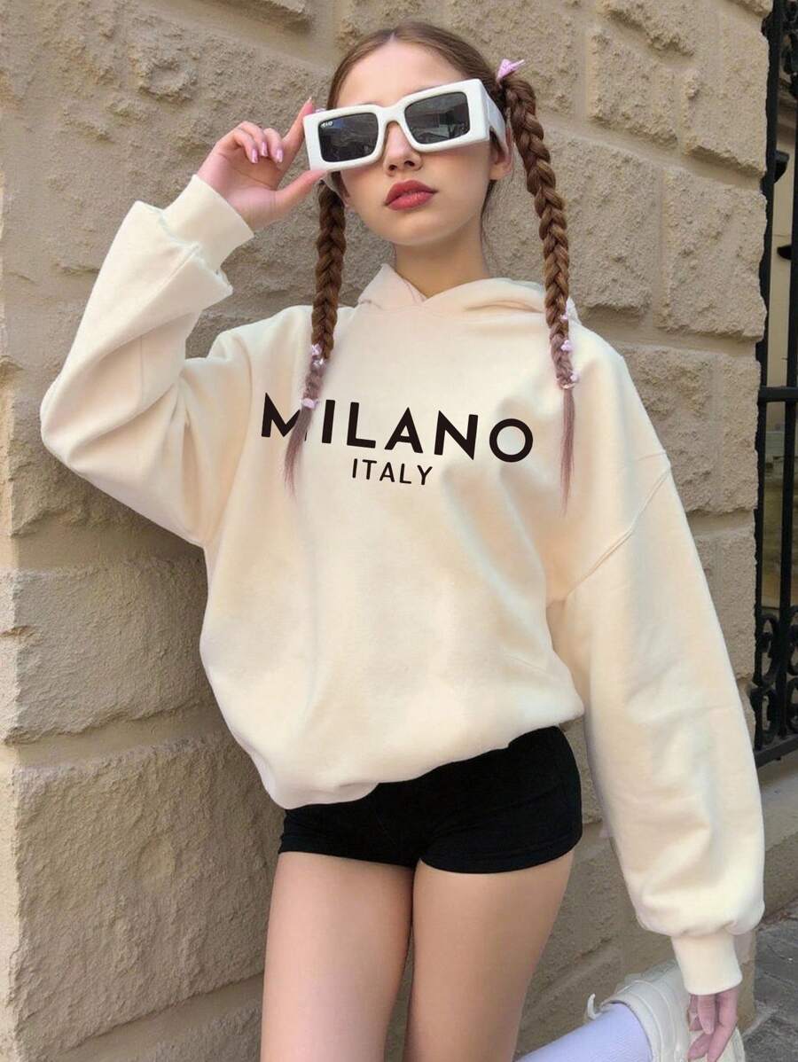 SHEIN Girls' Apricot Long Sleeve Hooded Sweatshirt, Casual Fashion Creative Simple Letter Slogan & Milano Print Pattern, Basic Round Neck Pullover Hoodie Teen Girl Hoodie Cute Hoodies Hoodies For Teens Cream Hoodie Cotton Hoodie Fall Winter - Khaki - View 1
