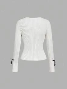 SHEIN Unity Cárdigan casual con cuello en V y decoración de lazo, prenda versátil para volver al colegio, cárdigan blanco casual para uso diario, blusas, brunch de mujeres, feria del Renacimiento, conciertos de mujeres, en otoño/invierno - Blanco - Ver 2
