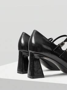 Mnmlis 优雅黑色 PU 双带方头粗跟高跟鞋 - 黑色 - 查看 3